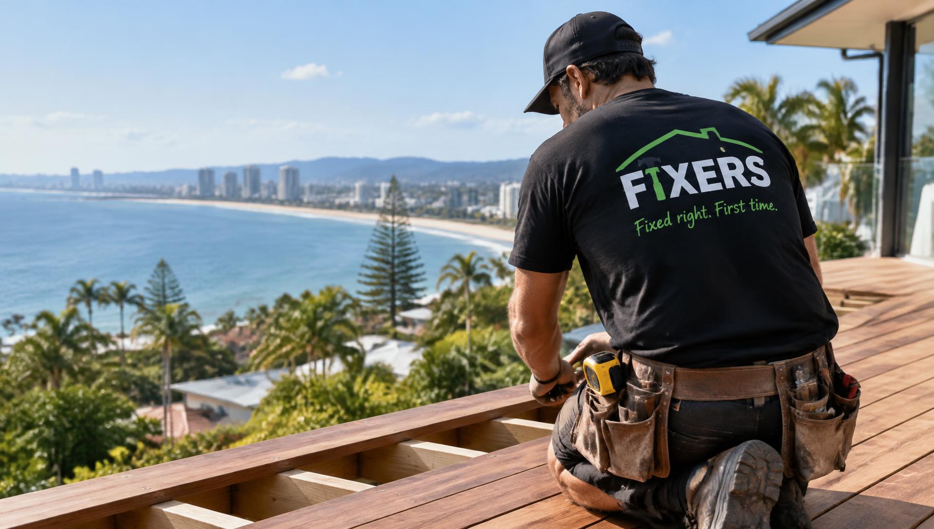A Fixers handyman in a branded shirt working on a deck overlooking the Gold Coast